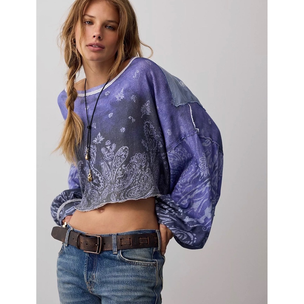 Free People We The Free Dylan Long-Sleeve Tee Blueberry Burst Combo Medium NWOT